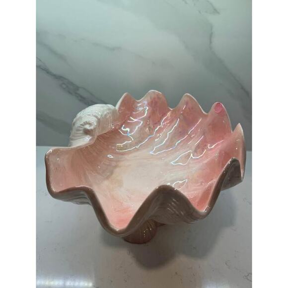 Clam Conch Seashell Vintage Pink Glaze Planter Centerpiece Bowl Birdbath - Picture 5 of 8